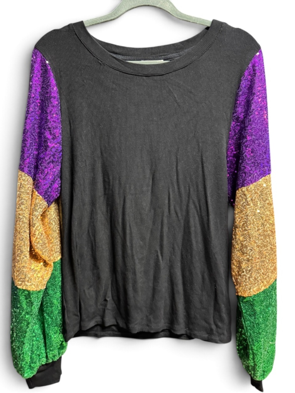 BiBi Mardi Gras Sequin Sleeve Top XL Black Purple Green Gold